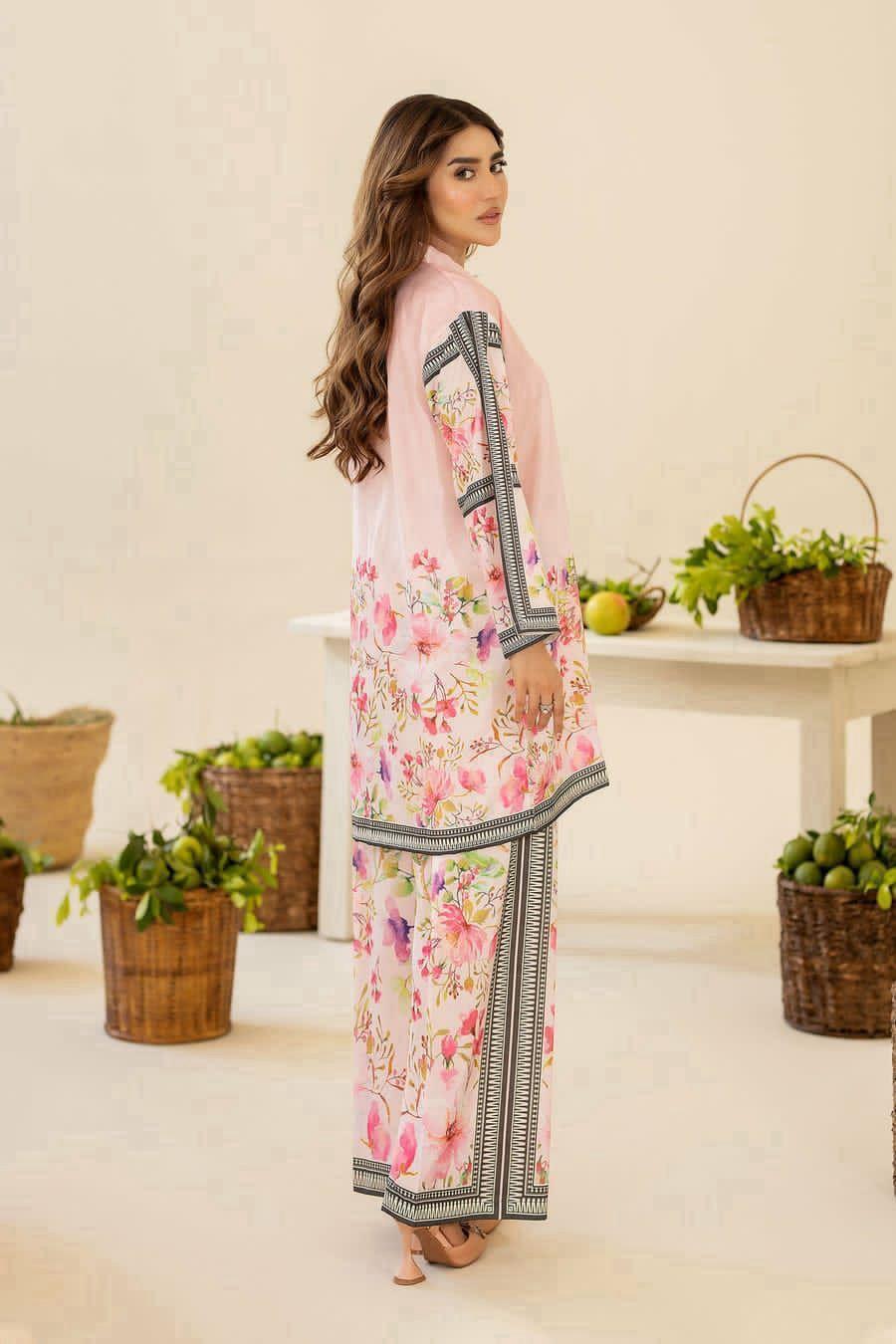 Stylish Printed 3 Pcs Suit Set in Pink and White  (Unstitched) 430STCE